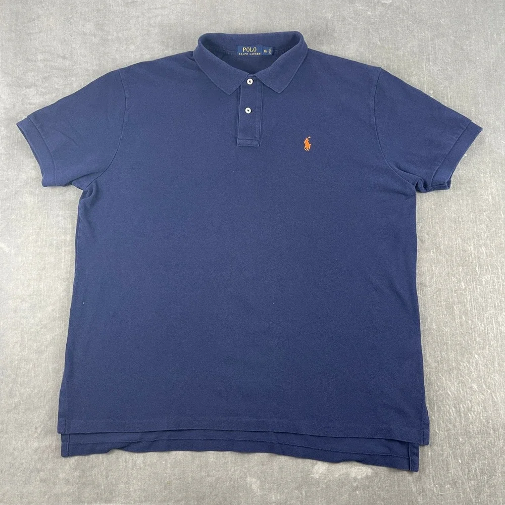 Polo Ralph Lauren Men XL Navy Blue Polo Shirt Orange Pony Logo